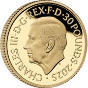 UK 30 Pounds (Britannia Issue) CHARLES III D G REX F D 30 POUNDS 2025 MJ coin obverse UK 30 Pounds (Britannia Issue) CHARLES III D G REX F D 30 POUNDS 2025 MJ coin obverse