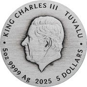 Tuvalu 5 Dollars (Unicorn) KING CHARLES III TUVALU JC 5OZ 9999 AG 2025 5 DOLLARS coin obverse Tuvalu 5 Dollars (Unicorn) KING CHARLES III TUVALU JC 5OZ 9999 AG 2025 5 DOLLARS coin obverse
