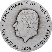 Tuvalu 5 Dollars (Zodiac Signs and Goddesses) KING CHARLES III TUVALU JC 5OZ 9999 AG 2025 5 DOLLARS coin obverse Tuvalu 5 Dollars (Zodiac Signs and Goddesses) KING CHARLES III TUVALU JC 5OZ 9999 AG 2025 5 DOLLARS coin obverse
