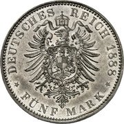 Germany 5 Mark (Frederick III and Wilhelm II Pattern) DEUTSCHES REICH 1888 FÜNF MARK coin obverse
