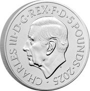 UK 5 Pounds (Leek and Daffodil) CHARLES III D G REX F D 5 POUNDS 2025 MJ coin obverse UK 5 Pounds (Leek and Daffodil) CHARLES III D G REX F D 5 POUNDS 2025 MJ coin obverse