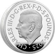 UK 5 Pounds (The Battles of Lexington & Concord) CHARLES III D G REX F D 5 POUNDS 2025 MJ coin obverse UK 5 Pounds (The Battles of Lexington & Concord) CHARLES III D G REX F D 5 POUNDS 2025 MJ coin obverse