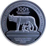 Moldova 50 Lei (100 Years since the First Installation of the Roman She-Wolf Statue in Chisinau) 100 DE ANI DE LA INSTALAREA MONUMENTULUI LUPOAICA ROMANĂ CU ROMULUS ȘI REMUS CHIȘINĂU DA. DE LA ROMA VENIM DIN DACIA TRAIANĂ M. EMINESCU coin reverse Moldova 50 Lei (100 Years since the First Installation of the Roman She-Wolf Statue in Chisinau) 100 DE ANI DE LA INSTALAREA MONUMENTULUI LUPOAICA ROMANĂ CU ROMULUS ȘI REMUS CHIȘINĂU DA. DE LA ROMA VENIM DIN DACIA TRAIANĂ M. EMINESCU coin reverse