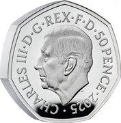 UK 50 Pence End of World War II. Piedfort 2025  Proof CHARLES III D G REX F D 50 PENCE 2025 MJ coin obverse UK 50 Pence End of World War II. Piedfort 2025  Proof CHARLES III D G REX F D 50 PENCE 2025 MJ coin obverse