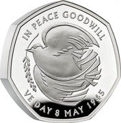 UK 50 Pence End of World War II. Piedfort 2025  Proof IN PEACE GOODWILL VE DAY 8 MAY 1945 coin reverse UK 50 Pence End of World War II. Piedfort 2025  Proof IN PEACE GOODWILL VE DAY 8 MAY 1945 coin reverse