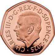UK 50 Pence (End of World War II) CHARLES III D G REX F D 50 PENCE 2025 MJ coin obverse UK 50 Pence (End of World War II) CHARLES III D G REX F D 50 PENCE 2025 MJ coin obverse