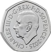 UK 50 Pence End of World War II 2025  BU CHARLES III D G REX F D 50 PENCE 2025 MJ coin obverse UK 50 Pence End of World War II 2025  BU CHARLES III D G REX F D 50 PENCE 2025 MJ coin obverse