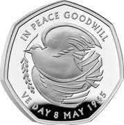 UK 50 Pence End of World War II 2025  Proof IN PEACE GOODWILL VE DAY 8 MAY 1945 coin reverse UK 50 Pence End of World War II 2025  Proof IN PEACE GOODWILL VE DAY 8 MAY 1945 coin reverse