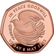 UK 50 Pence (End of World War II) IN PEACE GOODWILL VE DAY 8 MAY 1945 coin reverse UK 50 Pence (End of World War II) IN PEACE GOODWILL VE DAY 8 MAY 1945 coin reverse