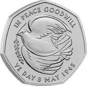 UK 50 Pence End of World War II 2025  BU IN PEACE GOODWILL VE DAY 8 MAY 1945 coin reverse UK 50 Pence End of World War II 2025  BU IN PEACE GOODWILL VE DAY 8 MAY 1945 coin reverse