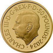 UK 50 Pounds (The Lion and The Eagle) CHARLES III D G REX F D 50 POUNDS 2024 MJ coin obverse UK 50 Pounds (The Lion and The Eagle) CHARLES III D G REX F D 50 POUNDS 2024 MJ coin obverse
