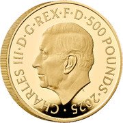 UK 500 Pounds (Waterloo Medal. Victory) CHARLES III D G REX F D 500 POUNDS 2025 MJ coin obverse UK 500 Pounds (Waterloo Medal. Victory) CHARLES III D G REX F D 500 POUNDS 2025 MJ coin obverse