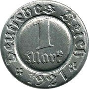 Germany 1 Mark (Probe Test) DEUTSCHES REICH 1 MARK 1921 coin reverse