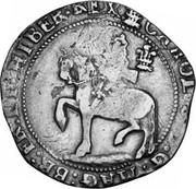 UK 1/2 Crown Charles I 1644 Oxford KM# 214.7 CAROLVS∙D:G:MAG:BR:FR:ET∙HIBER∙REX coin obverse UK 1/2 Crown Charles I 1644 Oxford KM# 214.7 CAROLVS∙D:G:MAG:BR:FR:ET∙HIBER∙REX coin obverse