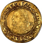 UK 1/2 Laurel James I 4th bust ND (1619-25) Mint mark: Rose. KM# 71 IACOBVS D:G:MAG:BRI:FRA:ET HI:REX X coin obverse UK 1/2 Laurel James I 4th bust ND (1619-25) Mint mark: Rose. KM# 71 IACOBVS D:G:MAG:BRI:FRA:ET HI:REX X coin obverse