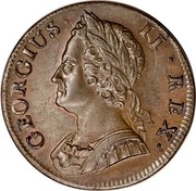 UK 1/2 Penny George II 1742 KM# 579.1 GEORGIUS ∙ II ∙ REX ∙ coin obverse UK 1/2 Penny George II 1742 KM# 579.1 GEORGIUS ∙ II ∙ REX ∙ coin obverse