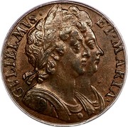 UK 1/2 Penny William and Mary (Halfpenny) 1694 KM# 475.3 GVLIELMVS∙ET∙MARIA∙ coin obverse