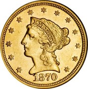 USA 2 ½ D. Coronet Head - Quarter Eagle 1870 KM# 72 LIBERTY coin obverse USA 2 ½ D. Coronet Head - Quarter Eagle 1870 KM# 72 LIBERTY coin obverse