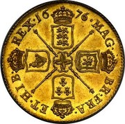 UK 2 Guineas Charles II 1676 KM# 443.1 MAG∙ BR∙FRA∙ ET∙HIB∙ REX∙*YEAR* coin reverse UK 2 Guineas Charles II 1676 KM# 443.1 MAG∙ BR∙FRA∙ ET∙HIB∙ REX∙*YEAR* coin reverse