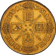 UK 2 Guineas James II 1687 KM# 464 MAG∙ BR∙FRA∙ ET∙HIB∙ REX∙*YEAR* coin reverse UK 2 Guineas James II 1687 KM# 464 MAG∙ BR∙FRA∙ ET∙HIB∙ REX∙*YEAR* coin reverse