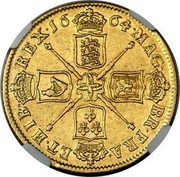 UK 2 Guineas (Carolvs II) KM# 425.1 ET HIB REX 1664 MAG BR FRA coin reverse