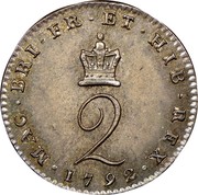 UK 2 Pence George III 1792 KM# 611 MAG.BRI.FR ET.HIB.REX ∙1792∙ 2 coin reverse UK 2 Pence George III 1792 KM# 611 MAG.BRI.FR ET.HIB.REX ∙1792∙ 2 coin reverse