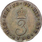 UK 3 Pence George III - Older Head Wire Numerals 1792 KM# 612 MAG ∙ BRI ∙ FR ET ∙ HIB ∙ REX ∙ coin reverse UK 3 Pence George III - Older Head Wire Numerals 1792 KM# 612 MAG ∙ BRI ∙ FR ET ∙ HIB ∙ REX ∙ coin reverse