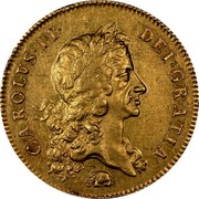 UK 5 Guineas Charles II 1668 KM# 430.2 CAROLVS∙II∙ DEI∙GRATIA coin obverse UK 5 Guineas Charles II 1668 KM# 430.2 CAROLVS∙II∙ DEI∙GRATIA coin obverse