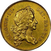 UK 5 Guineas Charles II 1677 KM# 430.1 CAROLVS∙II∙ DEI∙GRATIA coin obverse UK 5 Guineas Charles II 1677 KM# 430.1 CAROLVS∙II∙ DEI∙GRATIA coin obverse
