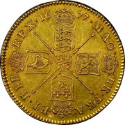 UK 5 Guineas Charles II 1677 KM# 430.1 MAG∙ BR∙FRA∙ ET∙HIB∙ REX∙*YEAR*∙ coin reverse UK 5 Guineas Charles II 1677 KM# 430.1 MAG∙ BR∙FRA∙ ET∙HIB∙ REX∙*YEAR*∙ coin reverse