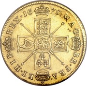 UK 5 Guineas (Charles II) KM# 444.2 MAG∙ BR∙FRA∙ ET∙HIB∙ REX∙*YEAR*∙ coin reverse UK 5 Guineas (Charles II) KM# 444.2 MAG∙ BR∙FRA∙ ET∙HIB∙ REX∙*YEAR*∙ coin reverse