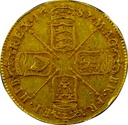 UK 5 Guineas James II 1687 KM# 460.2 MAG∙ BR∙FRA∙ ET∙HIB∙ REX∙*YEAR*∙ coin reverse UK 5 Guineas James II 1687 KM# 460.2 MAG∙ BR∙FRA∙ ET∙HIB∙ REX∙*YEAR*∙ coin reverse