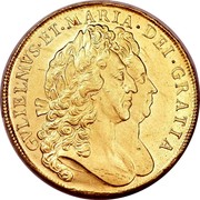 UK 5 Guineas William and Mary 1692 KM# 479.1 GVLIELMVS∙ET∙MARIA∙DEI∙GRATIA coin obverse