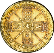 UK 5 Guineas William III 1699 KM# 505.2 MAG∙ BR∙FRA∙ ET∙HIB REX∙16 99∙ coin reverse UK 5 Guineas William III 1699 KM# 505.2 MAG∙ BR∙FRA∙ ET∙HIB REX∙16 99∙ coin reverse