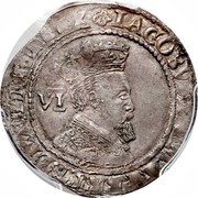 UK 6 Pence James I 1605 Second Coinage (1604-19). KM# 25 IACOBVS D:G:MAG BRIT FRA ET HIB REX VI coin obverse UK 6 Pence James I 1605 Second Coinage (1604-19). KM# 25 IACOBVS D:G:MAG BRIT FRA ET HIB REX VI coin obverse