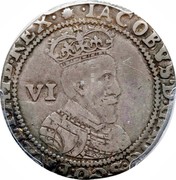 UK 6 Pence James I (First bust) 1603 First Coinage (1603-04). KM# 11 ∙IACOBVS∙D:G:ANG:SCO:FRA:ET∙HIB:REX∙ VI coin obverse UK 6 Pence James I (First bust) 1603 First Coinage (1603-04). KM# 11 ∙IACOBVS∙D:G:ANG:SCO:FRA:ET∙HIB:REX∙ VI coin obverse