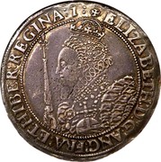 UK Crown Elizabeth I 1601 Sixth Issue KM# 7 +ELIZABETH:D:G:ANG:FRA:ET:HIBER:REGINA:1: coin obverse UK Crown Elizabeth I 1601 Sixth Issue KM# 7 +ELIZABETH:D:G:ANG:FRA:ET:HIBER:REGINA:1: coin obverse