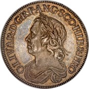 UK Crown Oliver Cromwell 1658 KM# D207 OLIVAR∙D∙G R∙P∙ANG∙SCO∙HIB & PRO coin obverse UK Crown Oliver Cromwell 1658 KM# D207 OLIVAR∙D∙G R∙P∙ANG∙SCO∙HIB & PRO coin obverse