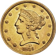 USA Five D. Coronet Head 1839 D KM# 69 LIBERTY coin obverse USA Five D. Coronet Head 1839 D KM# 69 LIBERTY coin obverse