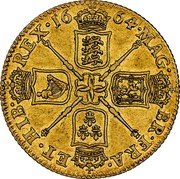 UK Guinea Charles II 1664 KM# 423.1 MAG BR FRA ET HIB REX 16 64 coin reverse UK Guinea Charles II 1664 KM# 423.1 MAG BR FRA ET HIB REX 16 64 coin reverse