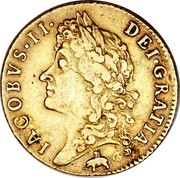 UK Guinea James II 1687 KM# 459.2 IACOBVS∙II∙ DEI∙GRATIA coin obverse UK Guinea James II 1687 KM# 459.2 IACOBVS∙II∙ DEI∙GRATIA coin obverse