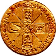 UK Guinea William III 1695 KM# 488.1 MAG∙ BR∙FRA∙ ET∙HIB REX∙*YEAR*∙ coin reverse UK Guinea William III 1695 KM# 488.1 MAG∙ BR∙FRA∙ ET∙HIB REX∙*YEAR*∙ coin reverse