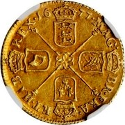 UK Half Guinea Charles II 1677 KM# 439.1 MAG∙ BR∙FRA∙ ET∙HIB∙ REX∙*YEAR*∙ coin reverse UK Half Guinea Charles II 1677 KM# 439.1 MAG∙ BR∙FRA∙ ET∙HIB∙ REX∙*YEAR*∙ coin reverse