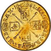 UK Half Guinea James II 1688 KM# 458.1 MAG∙ BR∙FRA∙ ET∙HIB∙ REX∙*YEAR*∙ coin reverse UK Half Guinea James II 1688 KM# 458.1 MAG∙ BR∙FRA∙ ET∙HIB∙ REX∙*YEAR*∙ coin reverse