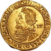 UK Laurel James I (Fourth laureate bust) ND Many minor varieties exist. KM# 75 IACOBVS D:G:MAG:BRI:FRA:ET HIB:REX XX coin obverse UK Laurel James I (Fourth laureate bust) ND Many minor varieties exist. KM# 75 IACOBVS D:G:MAG:BRI:FRA:ET HIB:REX XX coin obverse
