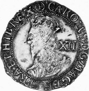 UK Shilling Charles I (1643-1644) Tower Struck under Parliament. (P) KM# 111 CAROLVS∙D:G:MAG:BRI:FRA:ET∙HI:REX XII coin obverse