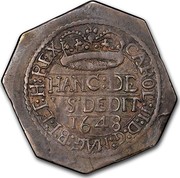 UK Shilling Charles II 1648 Second Issue: In the name of Charles II. KM# 383.2 CAROL:II:D:G:MAG:B:F:ET:H:TRX HANG:DE VS DEDIT 1648 coin obverse UK Shilling Charles II 1648 Second Issue: In the name of Charles II. KM# 383.2 CAROL:II:D:G:MAG:B:F:ET:H:TRX HANG:DE VS DEDIT 1648 coin obverse