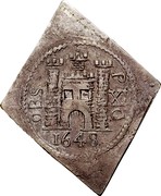 UK Shilling (Pontefract Siege Coinage) KM# 379 OBS P XII C 1648 coin reverse UK Shilling (Pontefract Siege Coinage) KM# 379 OBS P XII C 1648 coin reverse