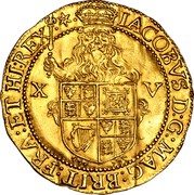 UK Spur Ryal James I (1619-1625) KM# 65 IACOBVS D:G:MAG:BRIT:FRA:ET HI:REX∙ coin obverse UK Spur Ryal James I (1619-1625) KM# 65 IACOBVS D:G:MAG:BRIT:FRA:ET HI:REX∙ coin obverse
