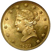 USA Ten D. Coronet Head 1839/8 Type of 1838 KM# 66.1 LIBERTY coin obverse USA Ten D. Coronet Head 1839/8 Type of 1838 KM# 66.1 LIBERTY coin obverse